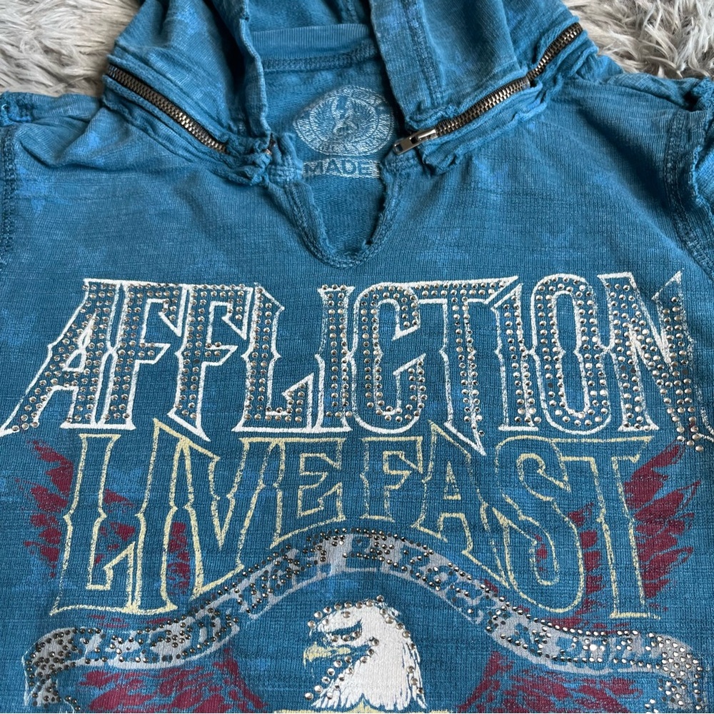 Affliction Hoodie Womens Small Embellishment Spellout Eagle Detach Hood Blue - Picture 4 of 16